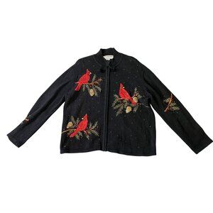 Heirloom Collectibles Christmas Black Sweater Cardinal Embroidered Large